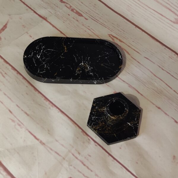 Kantet lysestage, sort med marbel. - Image 7