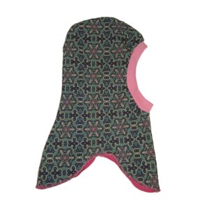 Mønstret/lyserød dobbeltsidet elefanthue. Str. 1-2 år